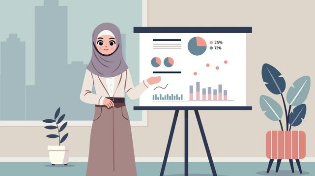 Muslim Businesswoman Presenting and Analyzing Data. Flat Design Animation. Professional Presentation of confident Muslim woman wearing a hijab, Whiteboard with graphs, charts, and diagrams.