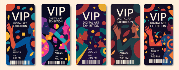 Fototapeta premium VIP tickets. Vector set abstract creative template for visiting exhibition of women's projects, movement for gender equality and empowerment, cultural ART events, fashion shows, social projects