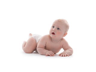 Cute little baby in diaper on white background
