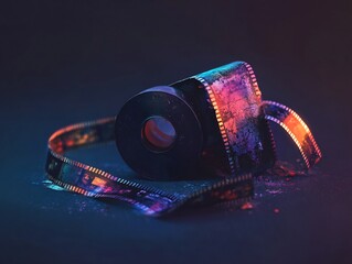 Neon-lit film roll displaying vivid colors and capturing memories still