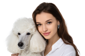 Elegant woman in white shirt posing with white poodle, PNG