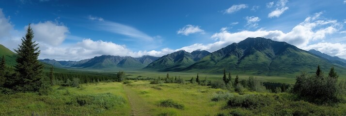 Fototapeta premium Lush green valley with majestic mountains under clear blue sky