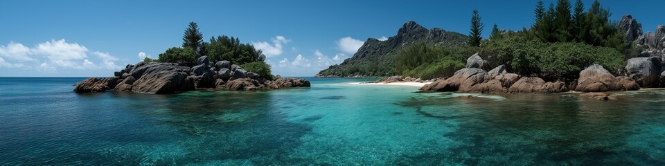 Fototapeta premium Serene tropical island scenery with crystal clear waters and lush greenery