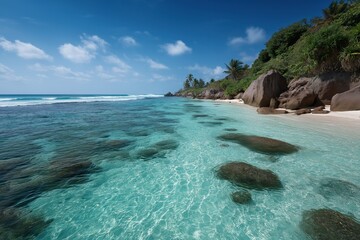Fototapeta premium Crystal clear waters and rocky shoreline of tropical beach on sunny day