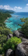 Scenic view of tropical coastline with turquoise water and lush greenery