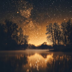 Fototapeta premium Starlit night over a tranquil lake reflecting the serene beauty of nature at dusk
