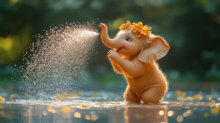 Cheerful baby elephant sprays water playfully, soft pastel blue background, gentle splashes.