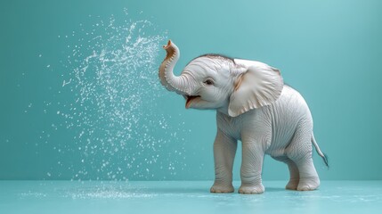 Cheerful baby elephant sprays water playfully, soft pastel blue background, gentle splashes.