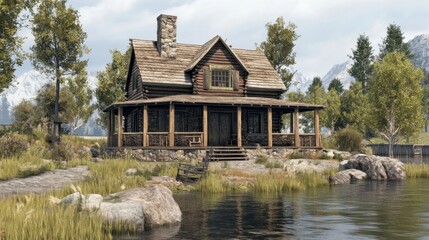 Obraz premium Rustic log cabin by a serene lake