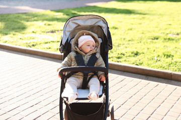 Cute little baby in stroller at park