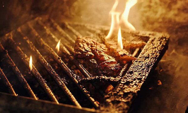 The fire on the grill is burning brightly, with flames reaching up to turn burgers into delicious meatballs.