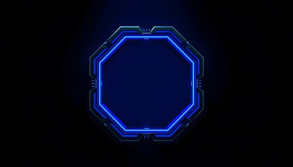 A glowing blue octagonal frame on a dark background, with sleek, futuristic  looking edges. 