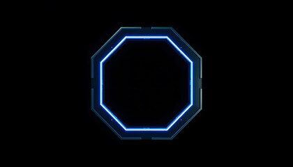 A glowing blue  outlined octagon on a stark black background, giving a futuristic feel. 