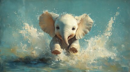 Cheerful baby elephant sprays water playfully, soft pastel blue background, gentle splashes.