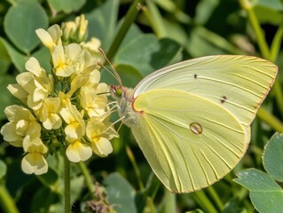 Clouded Sulphur butterfly feeding on yellow flowers close up view in natural sunlight outdoor setting