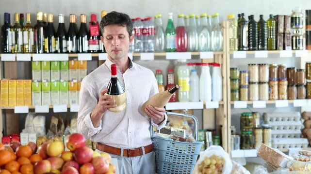 Man in light shirt took some varieties of wine from shelf. Client compare heady and new red wine items package. Customer examines contents of package, choose wine