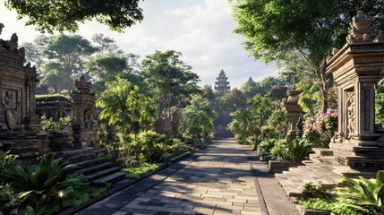 Obraz premium Ancient stone structures nestled within lush tropical foliage, a pathway leads through a serene garden