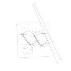 A drawing of two pieces of sushi with chopsticks next to it. Scene is lighthearted and playful, as the sushi and chopsticks are depicted in a cartoonish style