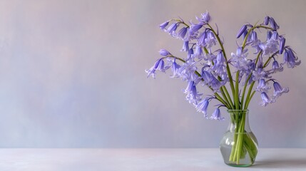 Obraz premium Delicate bluebells bloom gracefully in a clear glass vase against a soft pastel background.