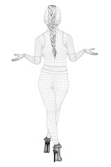 A woman is standing in a white background with her arms crossed. She is wearing black shoes and a black outfit