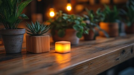 Cozy Indoor Scene with Candle and Potted Plants on Rustic Wooden Table