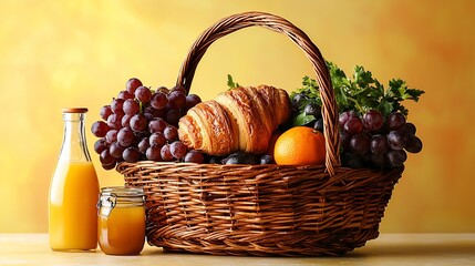 Fresh fruit and pastries in a basket, alongside juice