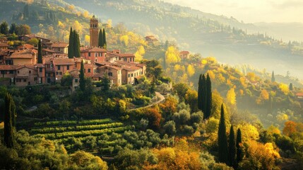 Obraz premium Autumnal Italian village nestled in hills