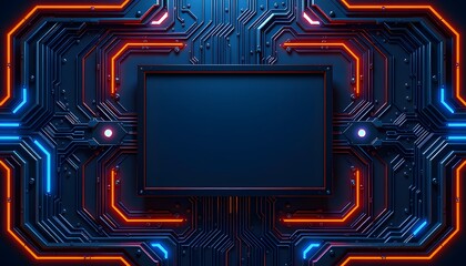 A dark  toned image with a central blank rectangle surrounded by neon  lit circuit  board patterns in blue and orange. 