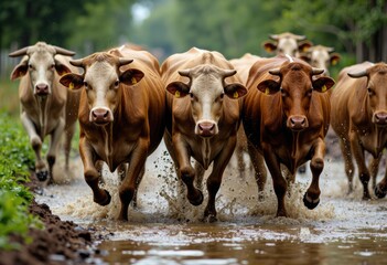 Herd of brown and white cows running through a shallow water stream in a green rural landscape