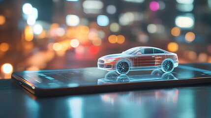 Futuristic Car Model Displayed on Smartphone Screen in Urban Setting