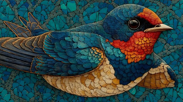 Closeup of a barn swallow in sky-themed tile and granite mosaic with wing motion and bright lighting
