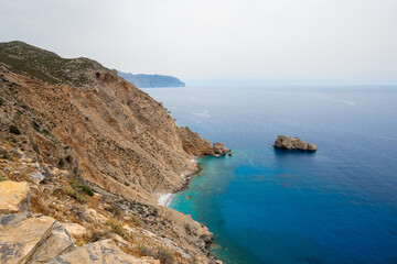 The Aegean sea in Amorgos island. View from Hozoviotissa Monastery, Cyclades, Greece