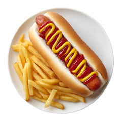 A delicious hot dog with fries, perfect for a quick meal or snack. The hot dog sits in a soft bun, generously drizzled with ketchup and mustard, alongside a serving of crispy french fries