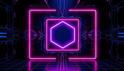A futuristic scene with neon  lit pink and blue frames enclosing a central hexagon on a grid  like floor. 