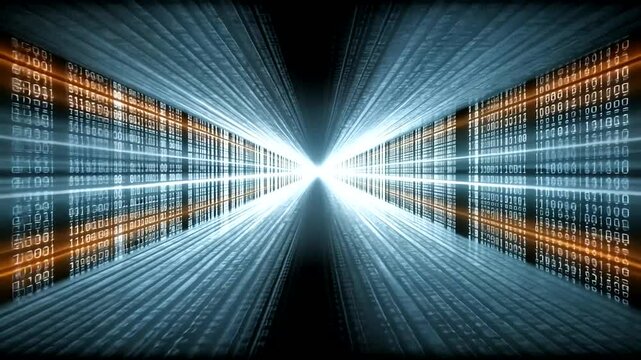 Digital hallway with binary code and a bright light at the end
