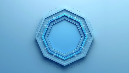 A blue, hexagonal, futuristic  looking frame with glowing lines on a light blue background. 