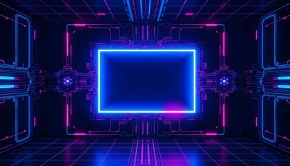 A futuristic room with a large central screen, surrounded by neon  lit blue and pink geometric patterns. 