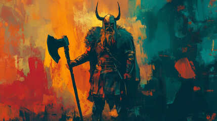 Fototapeta premium AI-Generated Abstract Viking Warrior with Axe – Dramatic Digital Wallpaper Featuring Norse Mythology and Epic Nordic Battle Aesthetics