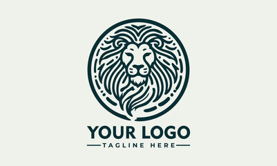 Stylized lion head with flowing mane enclosed in circular ornamental frame in detailed line design. Animal concept
