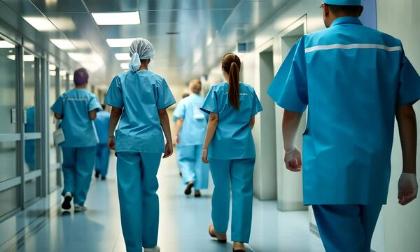 Group of medical stuff, doctors and nurses are walking in clinic corridor 