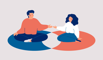 Fototapeta premium Personal boundaries in love relationships, friedship or in society. Man and woman protect their private spaces and have shared zone for two. Healthy communication in family and freedom. Mental health 