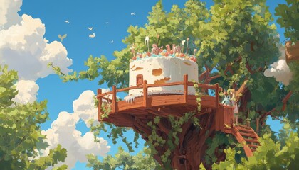 Treehouse birthday celebration enchanted forest cake party whimsical setting playful perspective joyful gathering