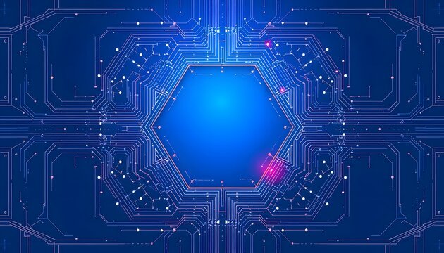 A blue  toned digital circuit pattern with a central hexagon, dotted with small lights and pink accents. 