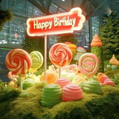 Whimsical giant lollipop garden celebration festive birthday theme colorful outdoor display joyful atmosphere vibrant perspective