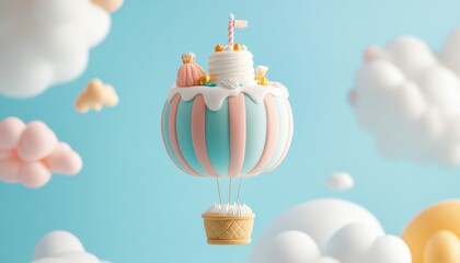 Surprise hot air balloon cake birthday party festive atmosphere celebration whimsical viewpoint joyful concept