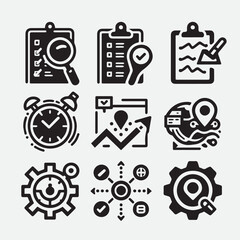 Business Plan Icon Set – Black and White Line Style, Strategy and Planning Symbols