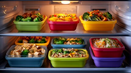 Food Storage Containers with Healthy Meal Prep Inside Fridge