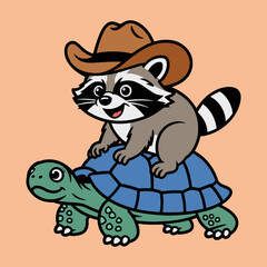 Cute Raccoon Wearing Cowboy Hat Riding Tortoise Cartoon