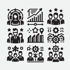 Business Plan Icon Set – Black and White Line Style, Strategy and Planning Symbols