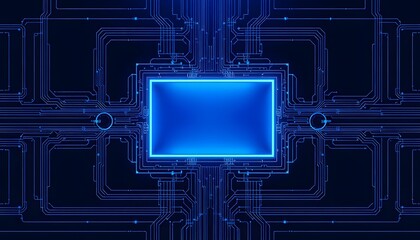A blue  toned circuit board design with a glowing central rectangle, evoking a high  tech feel. 